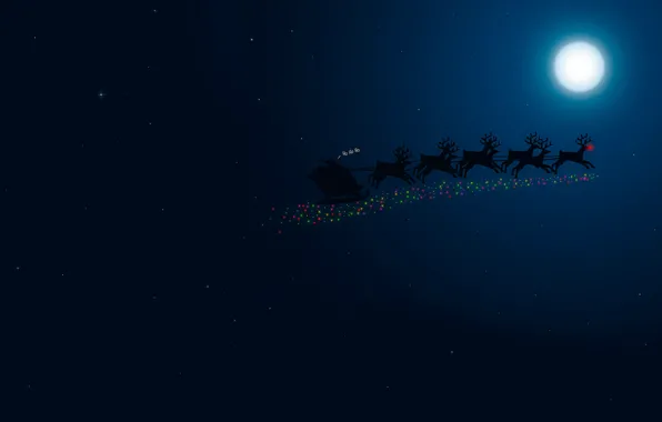 Night, the moon, new year, sleigh, deer, Santa, merry christmas
