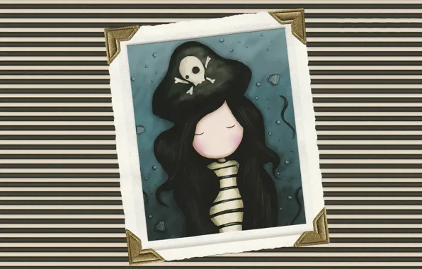 Picture strips, hat, frame, shell, pirates, black hair, vest, closed eyes