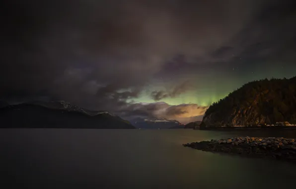 The sky, stars, mountains, night, lake, river, Northern lights