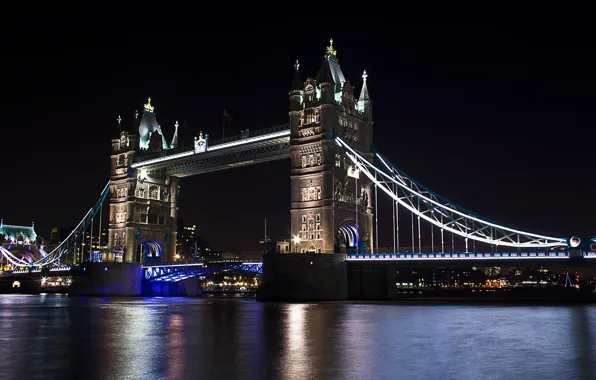 Night, bridge, lights, river, England, London, Thames, Tower bridge