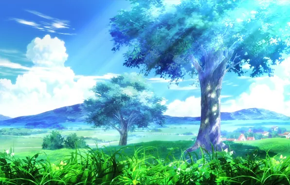 The sky, grass, clouds, trees, landscape, mountains, the city, Anime