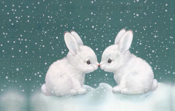 Picture children's, Bunny, snow, art, winter