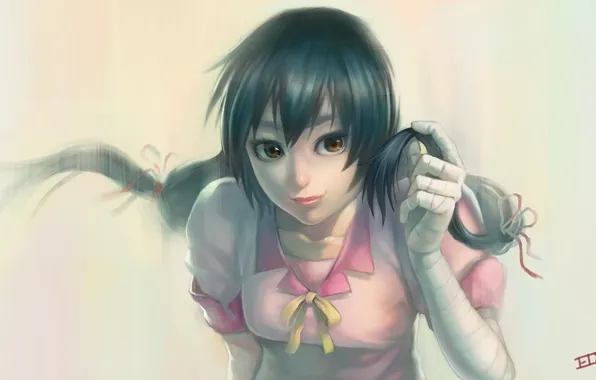 Picture look, girl, smile, art, bakemonogatari, bandages, gamerag, kanbaru suruga