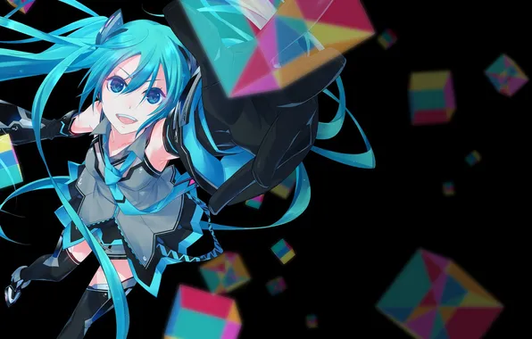 Picture girl, abstraction, smile, anime, art, vocaloid, hatsune miku, monq