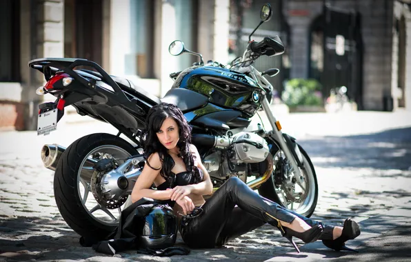 Picture girl, street, motorcycle