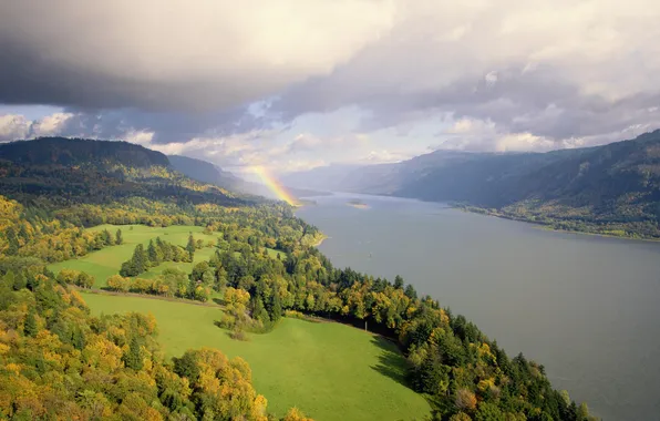 Picture trees, mountains, clouds, nature, rainbow, river