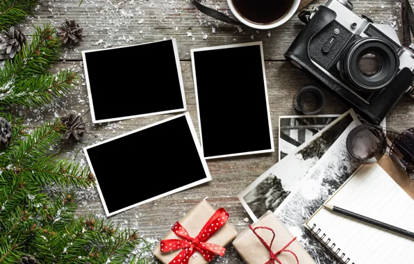 Photo, tree, camera, New Year, Christmas, gifts, Christmas, vintage