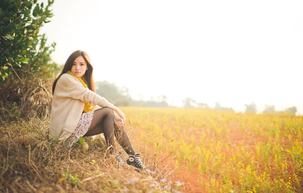 Picture grass, girl, Asian, sitting