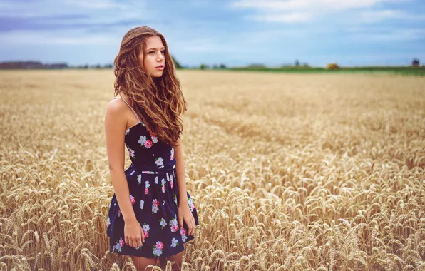 Picture wheat, field, girl, nature, model, grain, dress, beautiful