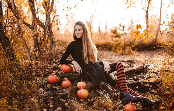 Autumn, look, pose, Girl, figure, pumpkin, Anna Fokina