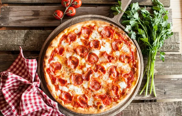 Food, cheese, pizza, parsley, sausage, pizza, spices, filling