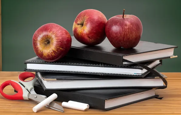Green, table, background, apples, study, books, food, red
