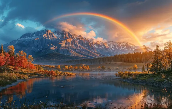 Autumn, forest, the sky, clouds, mountains, lake, reflection, shore