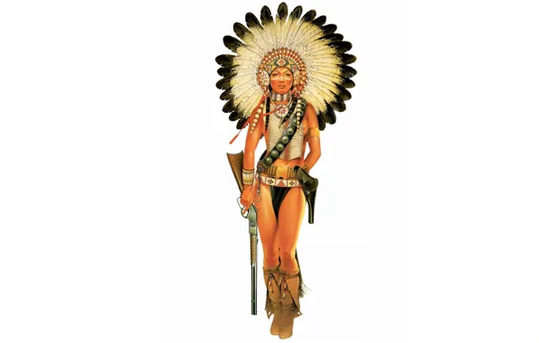 Picture girl, weapons, figure, feathers, Indian