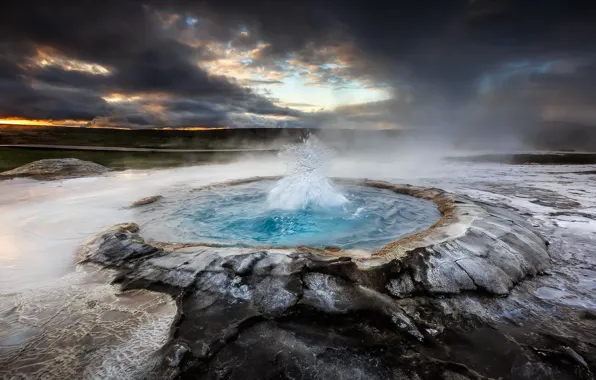 The sky, water, sunset, nature, the volcano, glacier, Iceland, geyser