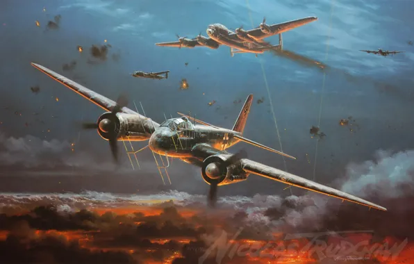 The plane, painting, Junkers, WW2, Night fighter, aircraft art, Ju 88G, Night Fighter