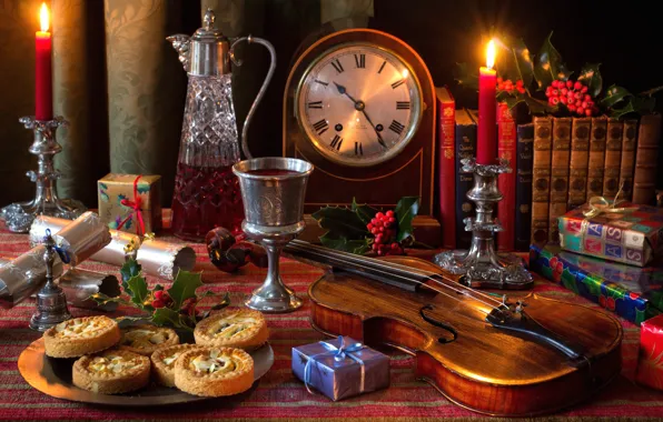Wine, violin, watch, glass, books, candles, cookies, gifts