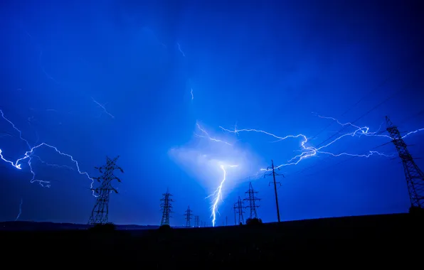 The sky, nature, posts, lightning, silhouette, voltage