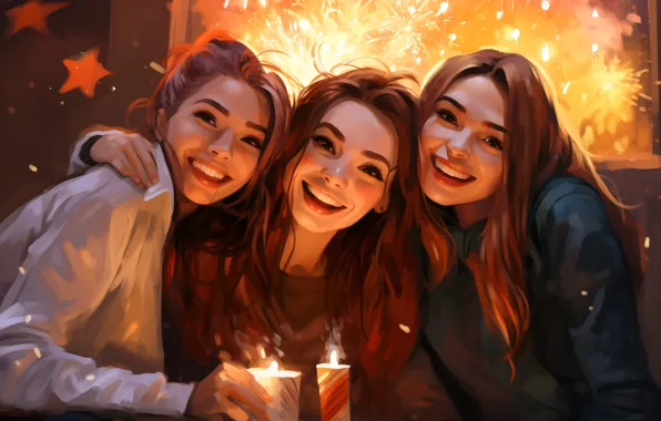 Girls, Candles, Smile, Salute, Christmas, New year, Joy, Three