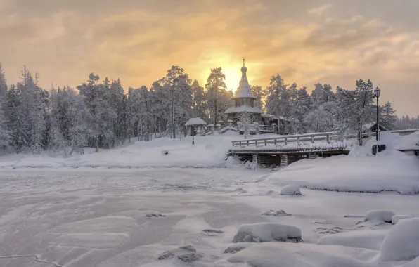 Picture winter, forest, snow, landscape, bridge, nature, morning, chapel