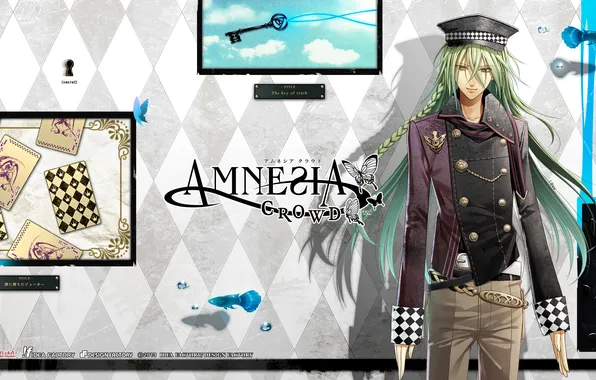Card, braid, guy, green hair, Amnesia, Ukyo, amnesia