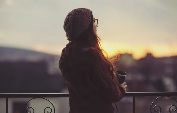 Girl, sunset, hat, coffee, glasses, curls