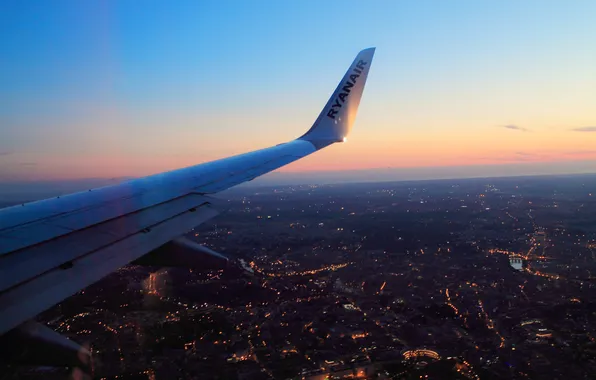The sky, flight, the city, lights, the plane, wing