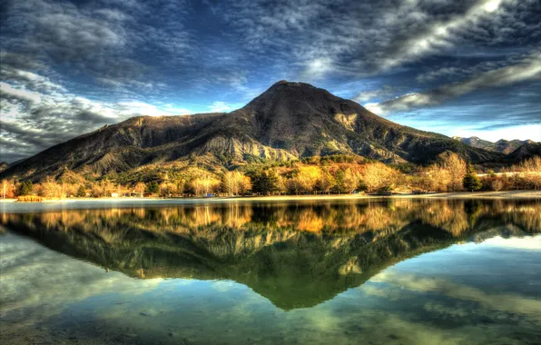 Picture autumn, the sky, clouds, trees, mountains, lake