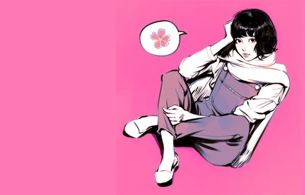 Dreams, scarf, Brunette, jumpsuit, pink background, Ilya Kuvshinov