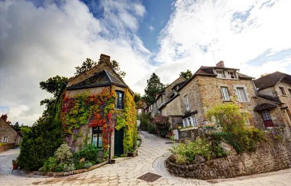 Greens, the sky, clouds, flowers, France, home, the bushes, streets