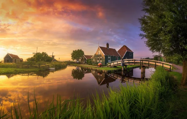 Summer, the city, channel, houses, Netherlands, the bridge, the village