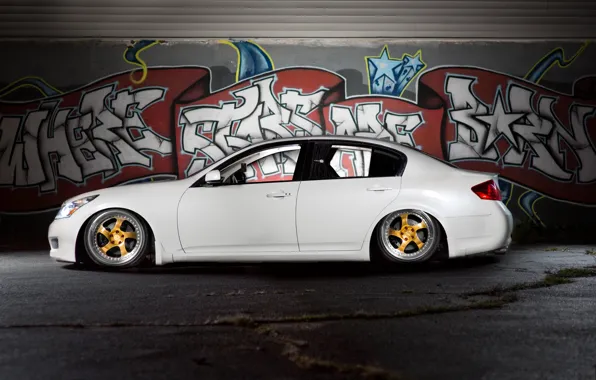 Graffiti, Infiniti, white, stance, air ride, air suspension, G35x, bagged