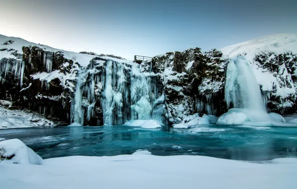 Ice, winter, the sky, snow, rocks, waterfall, Iceland