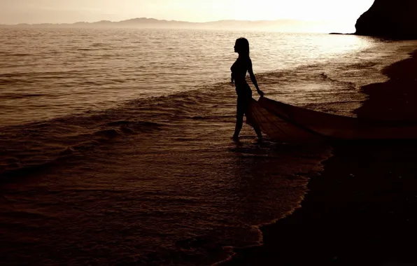 Wave, beach, summer, girl, the evening, Mooore