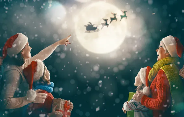 Picture photo, The sky, The moon, Flight, Children, New year, Family, Girls
