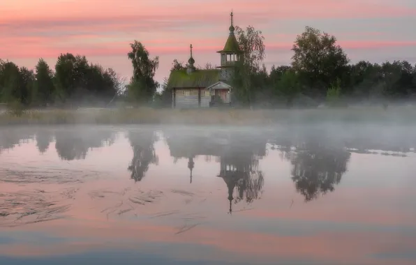 Fog, lake, Church