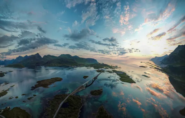 Road, sea, the sky, water, Islands, clouds, landscape, mountains