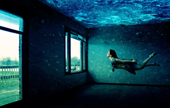 Girl, room, Windows, Under water