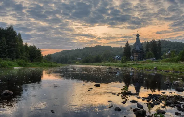 Picture landscape, nature, river, morning, village, Church, forest, Bank