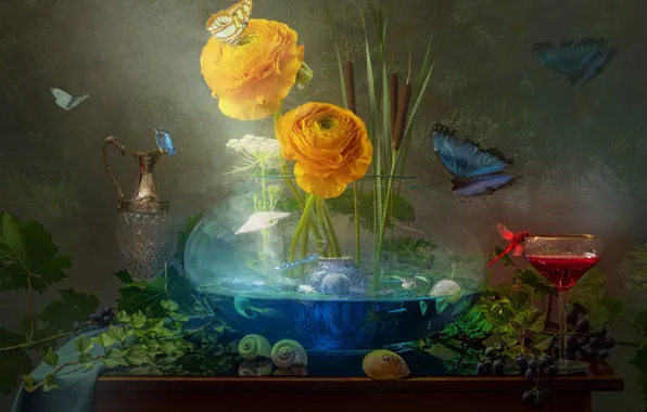 Flowers, aquarium, bouquet, still life, photoart, Ranunculus