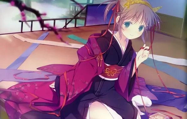 Picture room, tape, kimono, blue eyes, horn, art, box, visual novel