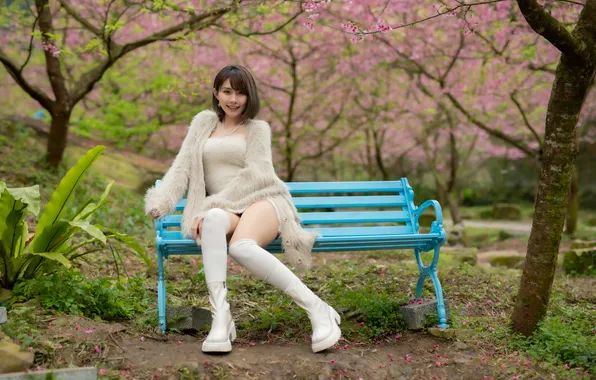 Picture Asian, long hair, model, women, bench, dark hair
