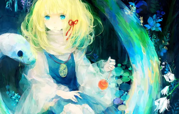 Water, girl, flowers, mushrooms, snake, art, medallion, bow