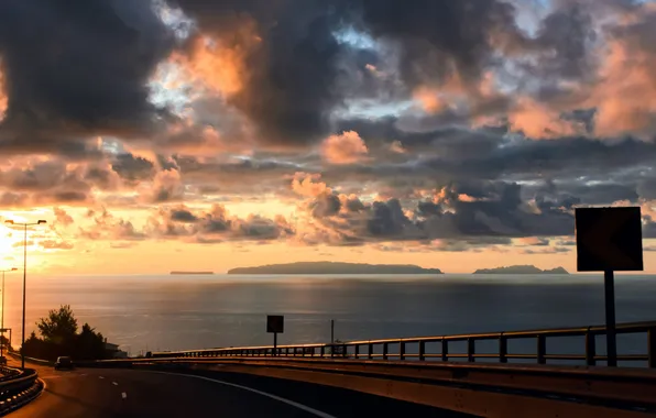 Road, machine, sunset