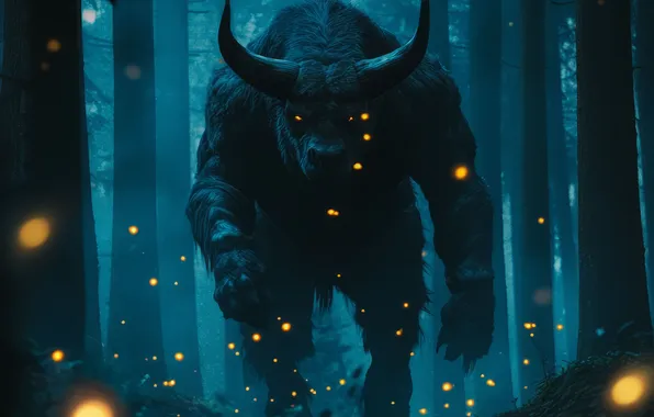 The evening, Look, Trees, Forest, Monster, Horns, Digital art, The Minotaur