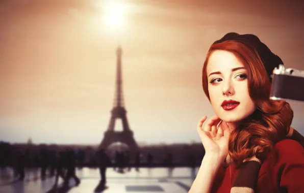 Picture look, girl, background, Paris, the camera, red, red lips