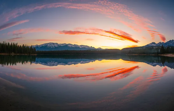 Forest, the sky, clouds, sunset, mountains, lake, reflection, shore