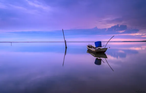 Sea, the sky, clouds, reflection, shore, boat, the evening, lilac