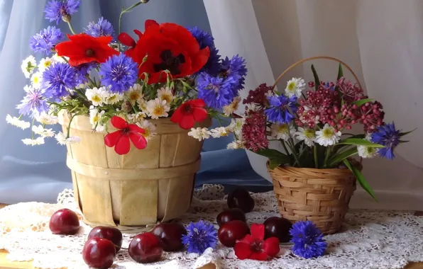 Flowers, berries, bouquet, still life, basket