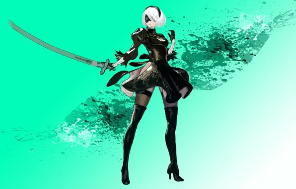 Picture girl, weapons, sword, stand, Nier Automata, Type B, dark stockings, Yorha No2